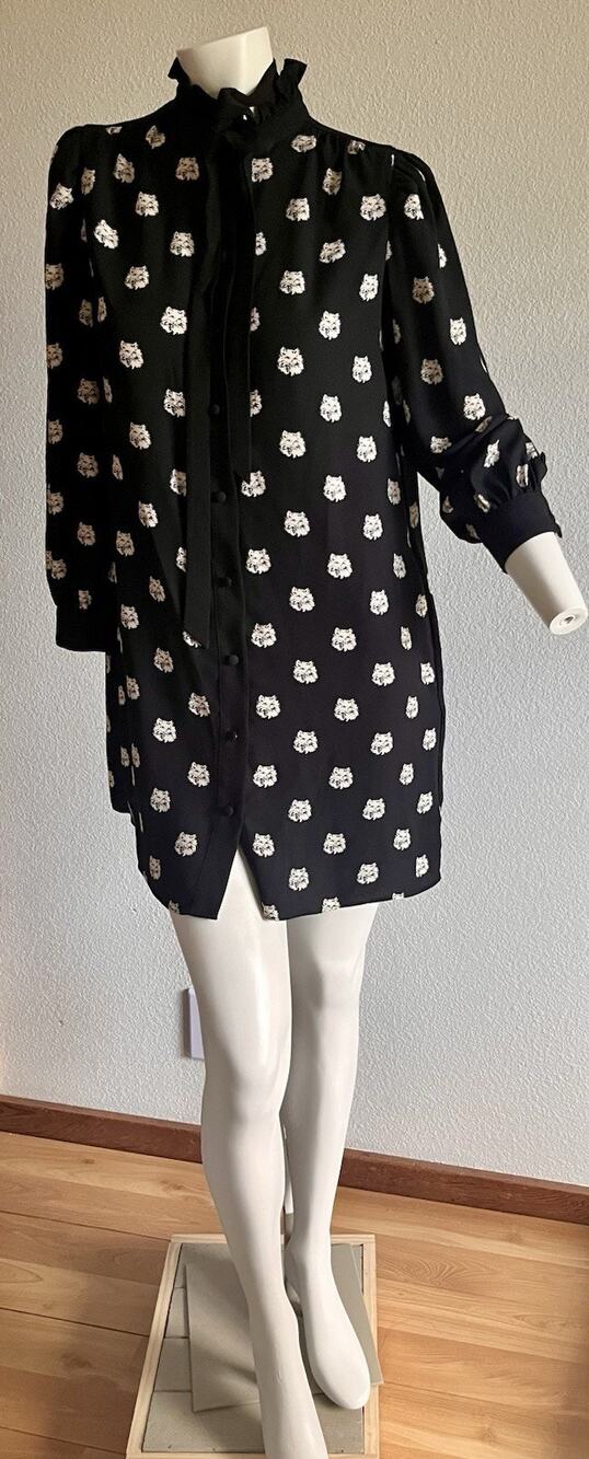 Kate Spade Cat Dot Shirtdress Womens XS Black Cat Print Bow Tie Mini Dress